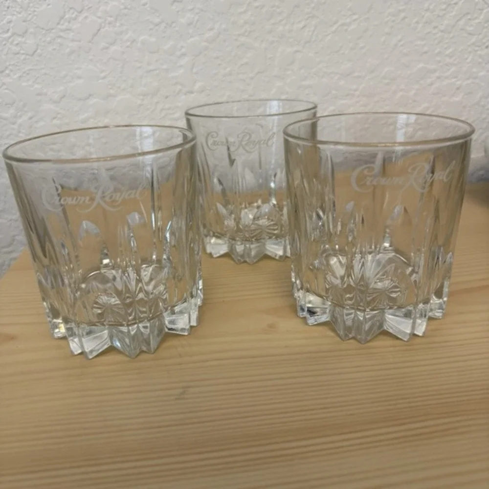 Crown‎ Royal Etched Cut Crystal Clear Whiskey Rocks Glasses Set of 3 Barware